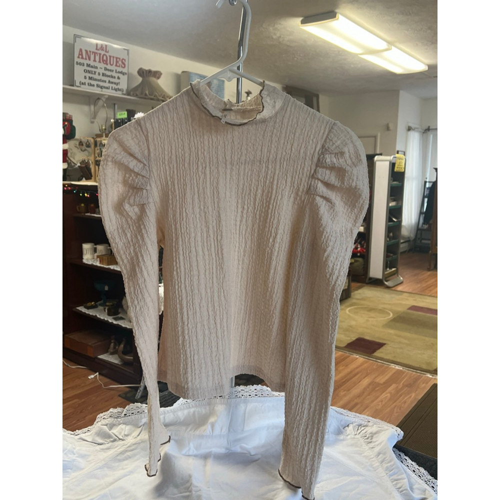 Free People Beige Long Sleeve Tee with Brown Trim Women’s Size XS EUC